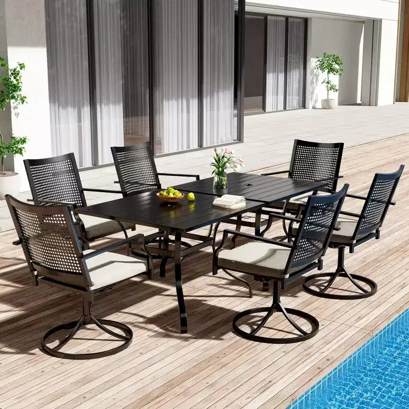 Set da pranzo da esterno a 8 pezzi CLIHOME, tavolo quadrato con foro per ombrellone e sedie girevoli a 360°