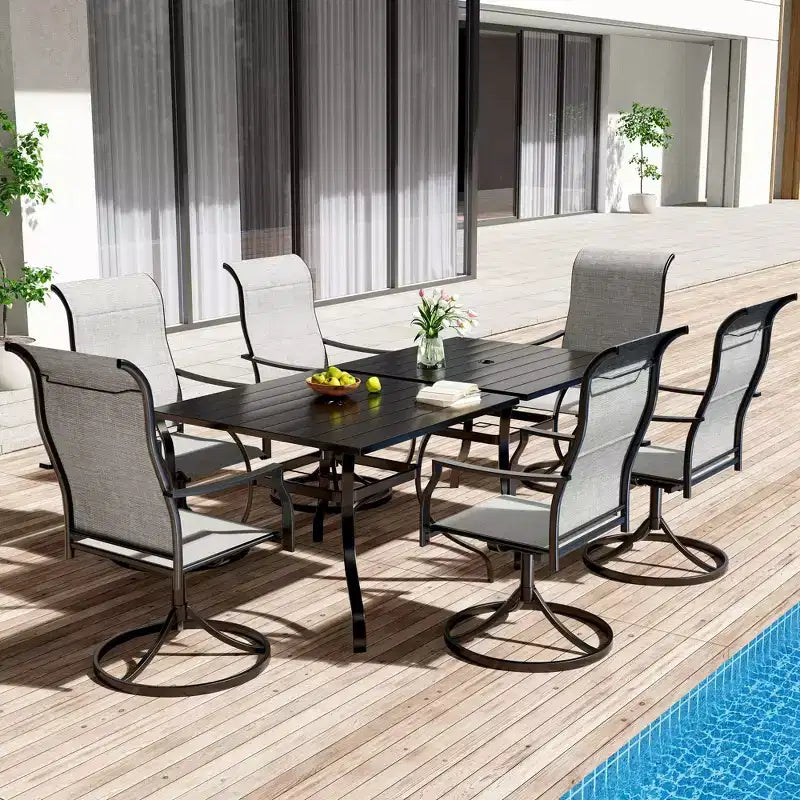 Set da pranzo da esterno CLIHOME 8 pezzi, tavolo quadrato convertibile con foro per ombrellone integrato e sedie girevoli a 360°