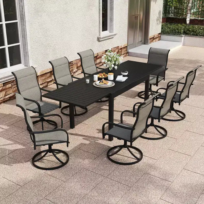 CLIHOME Set da pranzo da esterno 9 pezzi, tavolo allungabile e sedie girevoli a 360°