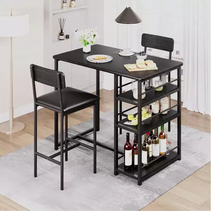 Set tavolo da pranzo con ripiani portaoggetti, set tavolo da bar con sedia resistente in spugna di pelle nera, tavolo da bar e due sedie per 2-4 persone