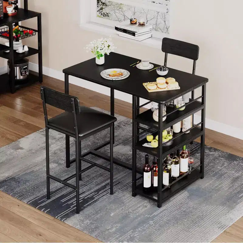 Set tavolo da pranzo con ripiani portaoggetti, set tavolo da bar con sedia resistente in spugna di pelle nera, tavolo da bar e due sedie per 2-4 persone