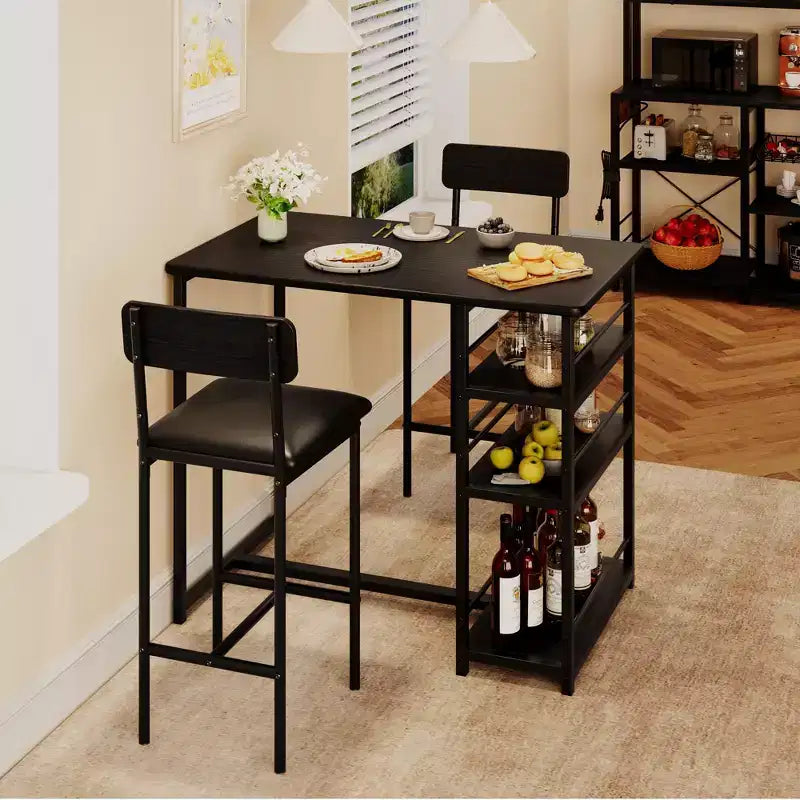 Set tavolo da pranzo con ripiani portaoggetti, set tavolo da bar con sedia resistente in spugna di pelle nera, tavolo da bar e due sedie per 2-4 persone