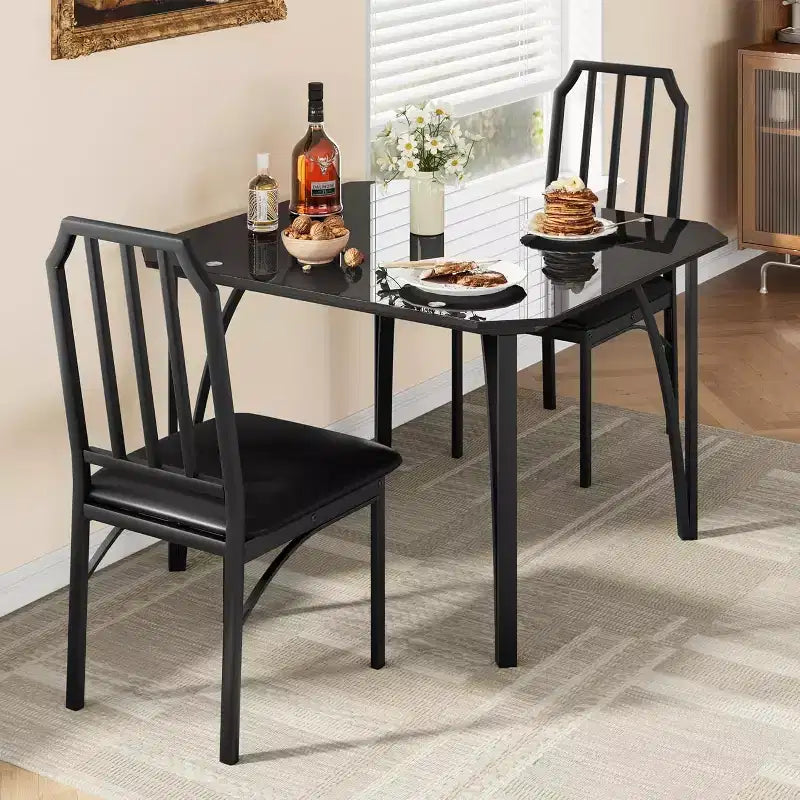 Set da pranzo in vetro da 3 pezzi per 2 persone, tavolo da cucina salvaspazio con bordi smussati e sedie imbottite, set da tavolo per appartamento