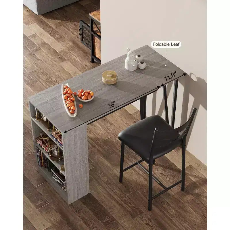 Set di 3 Pezzi Tavolo da Bar per 2, Set Tavolo e Sedie da Bar con Estensione a Ribalta, Set Tavolo da Pranzo con Ripiani Contenitore
