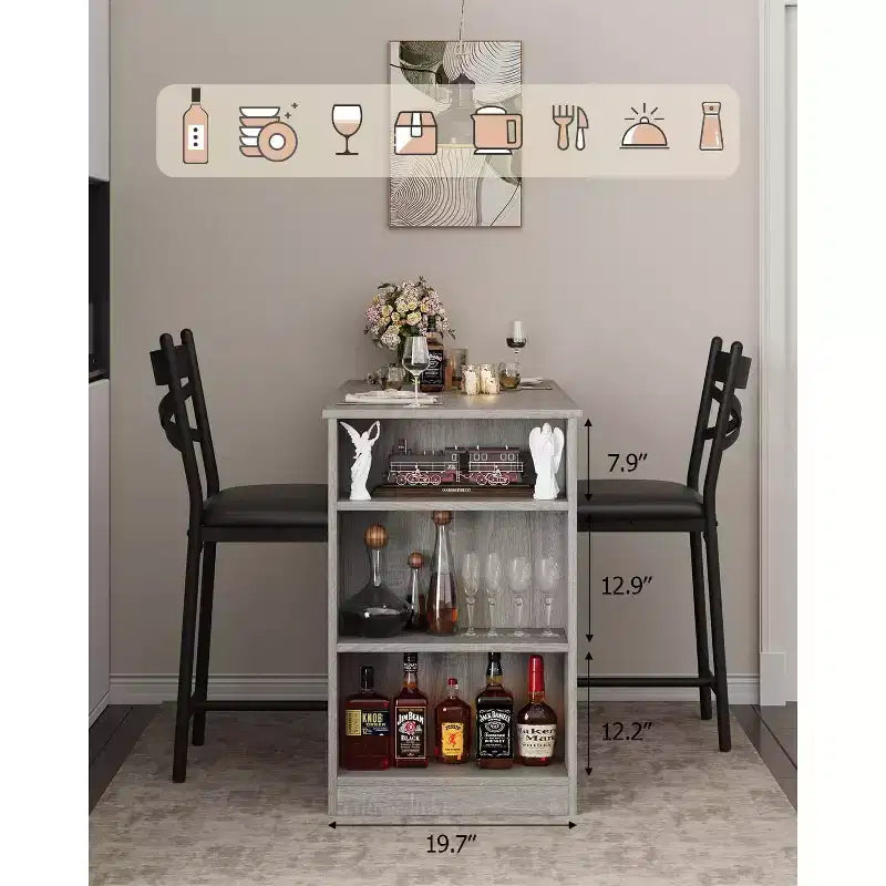 Set di 3 Pezzi Tavolo da Bar per 2, Set Tavolo e Sedie da Bar con Estensione a Ribalta, Set Tavolo da Pranzo con Ripiani Contenitore