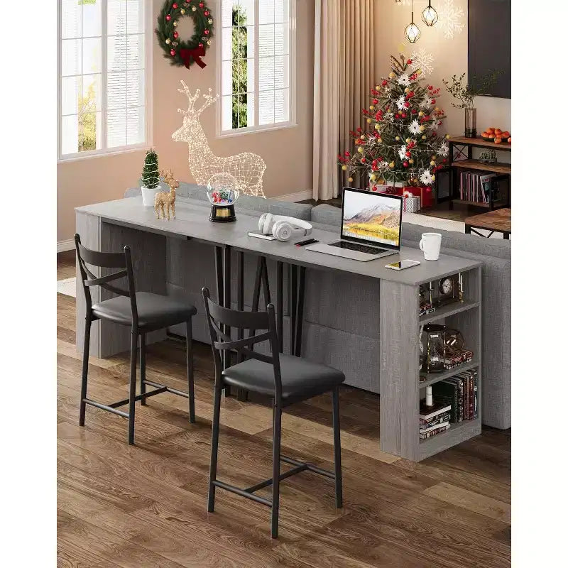 Set di 3 Pezzi Tavolo da Bar per 2, Set Tavolo e Sedie da Bar con Estensione a Ribalta, Set Tavolo da Pranzo con Ripiani Contenitore