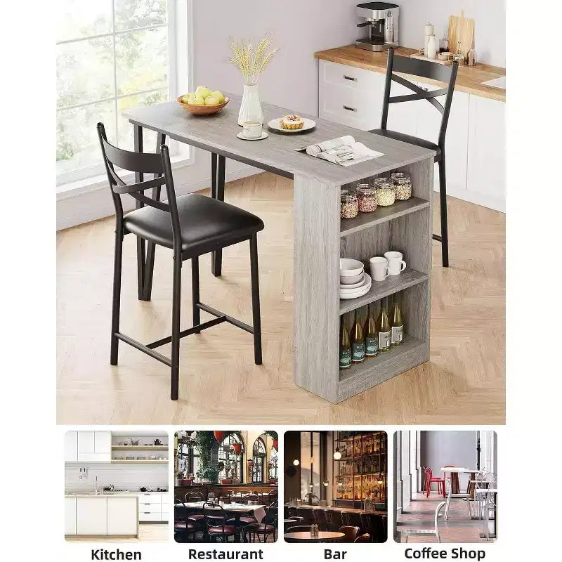 Set di 3 Pezzi Tavolo da Bar per 2, Set Tavolo e Sedie da Bar con Estensione a Ribalta, Set Tavolo da Pranzo con Ripiani Contenitore