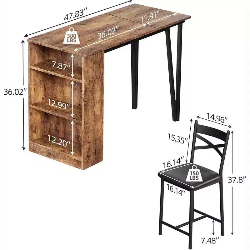 Set di 3 Pezzi Tavolo da Bar per 2, Set Tavolo e Sedie da Bar con Estensione a Ribalta, Set Tavolo da Pranzo con Ripiani Contenitore