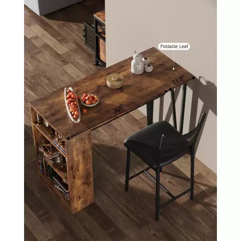 Set di 3 Pezzi Tavolo da Bar per 2, Set Tavolo e Sedie da Bar con Estensione a Ribalta, Set Tavolo da Pranzo con Ripiani Contenitore