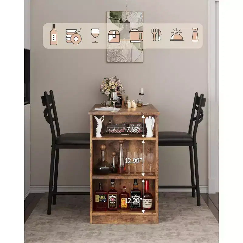 Set di 3 Pezzi Tavolo da Bar per 2, Set Tavolo e Sedie da Bar con Estensione a Ribalta, Set Tavolo da Pranzo con Ripiani Contenitore