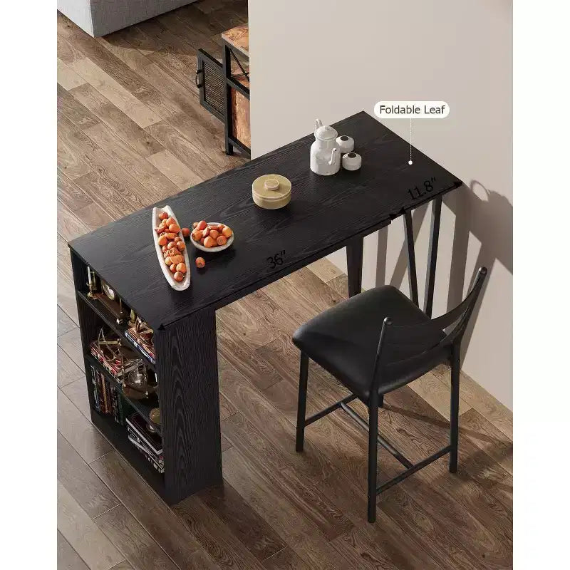Set di 3 Pezzi Tavolo da Bar per 2, Set Tavolo e Sedie da Bar con Estensione a Ribalta, Set Tavolo da Pranzo con Ripiani Contenitore