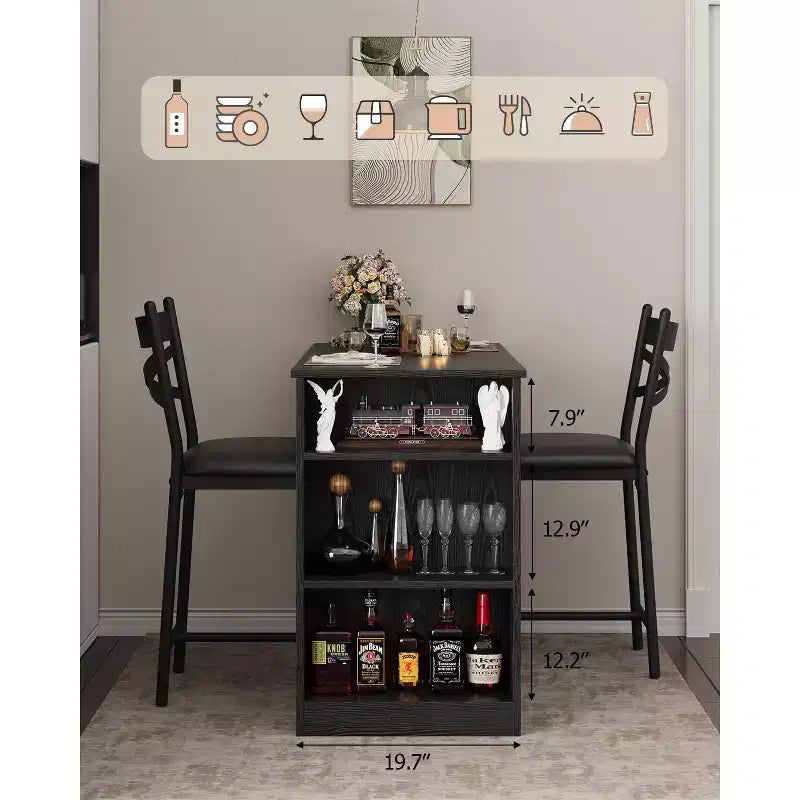 Set di 3 Pezzi Tavolo da Bar per 2, Set Tavolo e Sedie da Bar con Estensione a Ribalta, Set Tavolo da Pranzo con Ripiani Contenitore