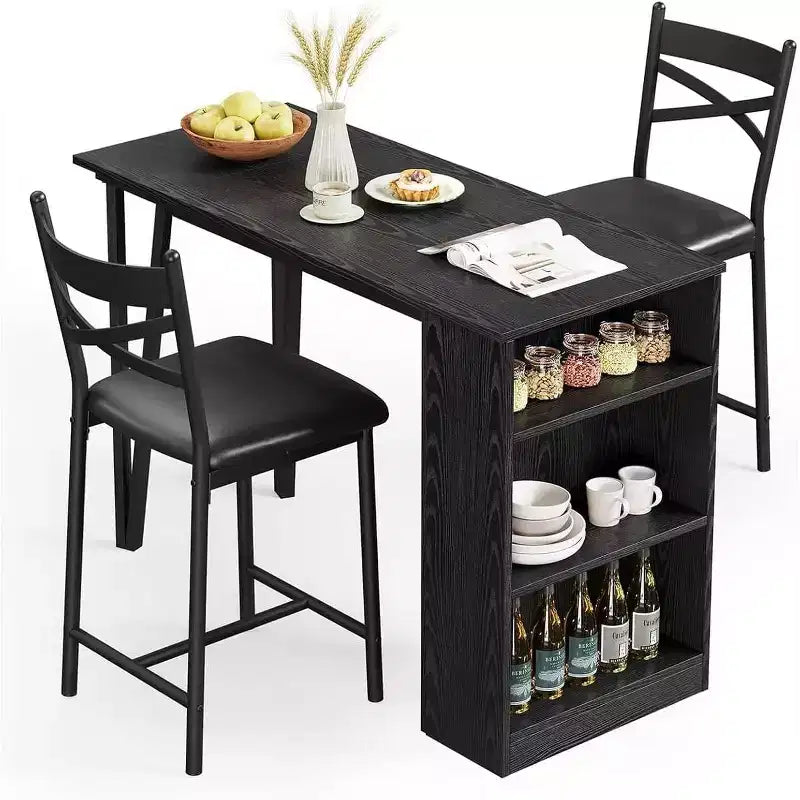 Set di 3 Pezzi Tavolo da Bar per 2, Set Tavolo e Sedie da Bar con Estensione a Ribalta, Set Tavolo da Pranzo con Ripiani Contenitore