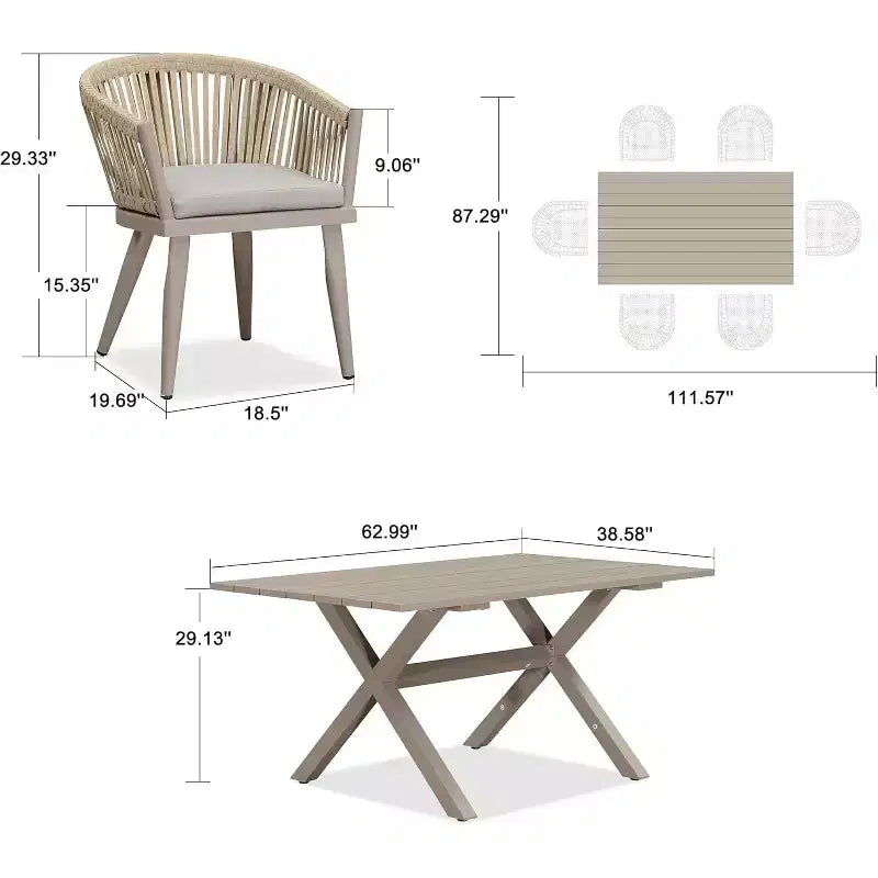 Set da pranzo per esterni PURPLE LEAF con tavolo da pranzo in alluminio per patio e sedie in vimini e rattan, mobili moderni con cuscini per il cortile