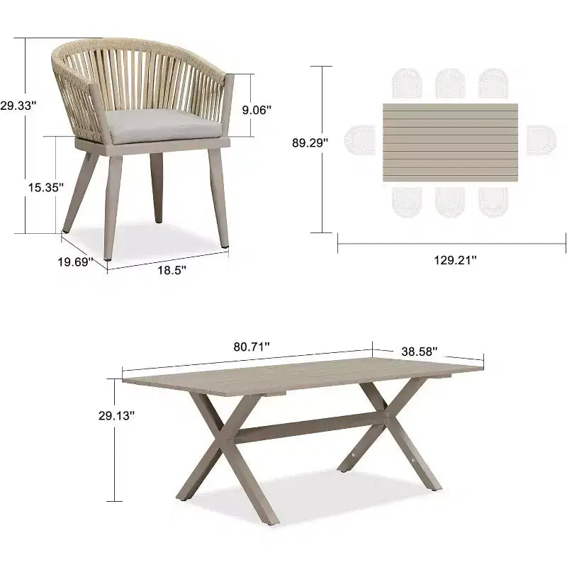 Set da pranzo per esterni PURPLE LEAF con tavolo da pranzo in alluminio per patio e sedie in vimini e rattan, mobili moderni con cuscini per il cortile