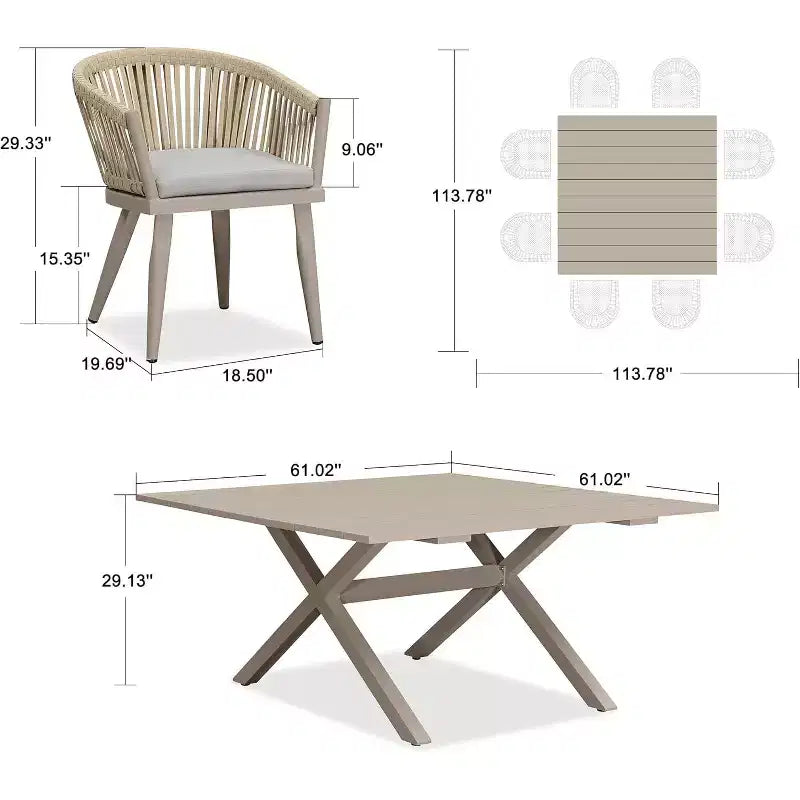 Set da pranzo per esterni PURPLE LEAF con tavolo da pranzo in alluminio per patio e sedie in vimini e rattan, mobili moderni con cuscini per il cortile