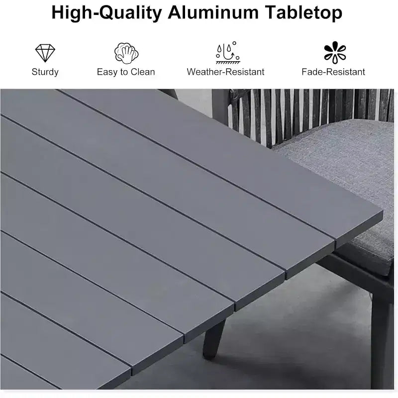 Set da pranzo per esterni PURPLE LEAF con tavolo da pranzo in alluminio per patio e sedie in vimini e rattan, mobili moderni con cuscini per il cortile