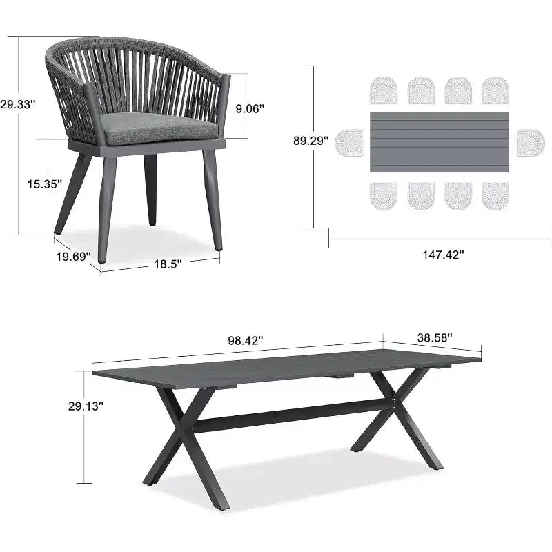 Set da pranzo per esterni PURPLE LEAF con tavolo da pranzo in alluminio per patio e sedie in vimini e rattan, mobili moderni con cuscini per il cortile