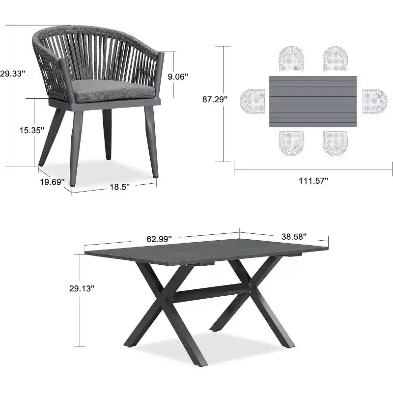 Set da pranzo per esterni PURPLE LEAF con tavolo da pranzo in alluminio per patio e sedie in vimini e rattan, mobili moderni con cuscini per il cortile