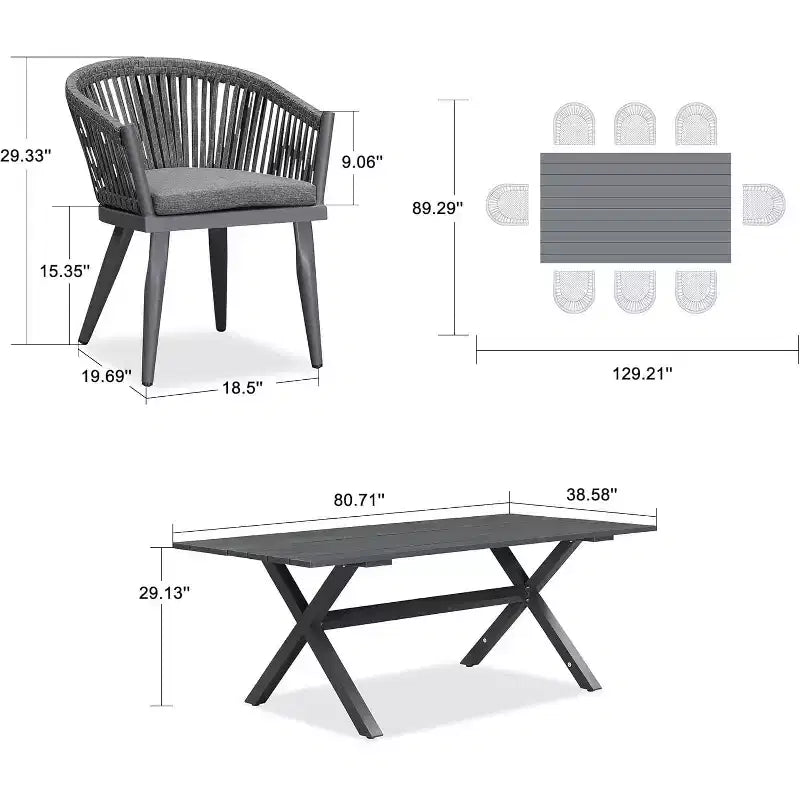 Set da pranzo per esterni PURPLE LEAF con tavolo da pranzo in alluminio per patio e sedie in vimini e rattan, mobili moderni con cuscini per il cortile