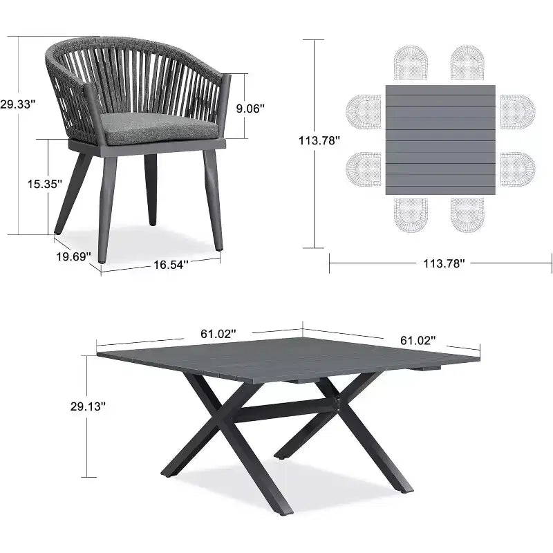 Set da pranzo per esterni PURPLE LEAF con tavolo da pranzo in alluminio per patio e sedie in vimini e rattan, mobili moderni con cuscini per il cortile