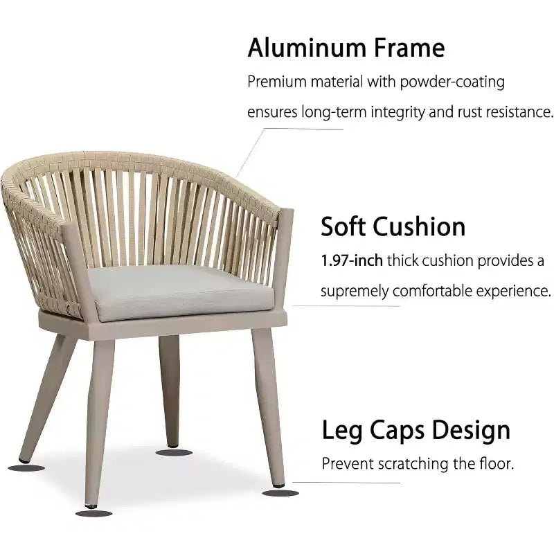 Set da pranzo per esterni PURPLE LEAF con tavolo da pranzo in alluminio per patio e sedie in vimini e rattan, mobili moderni con cuscini per il cortile