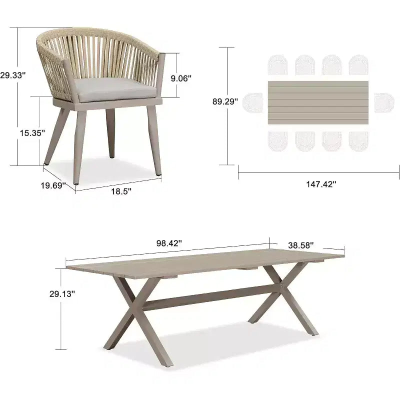 Set da pranzo per esterni PURPLE LEAF con tavolo da pranzo in alluminio per patio e sedie in vimini e rattan, mobili moderni con cuscini per il cortile