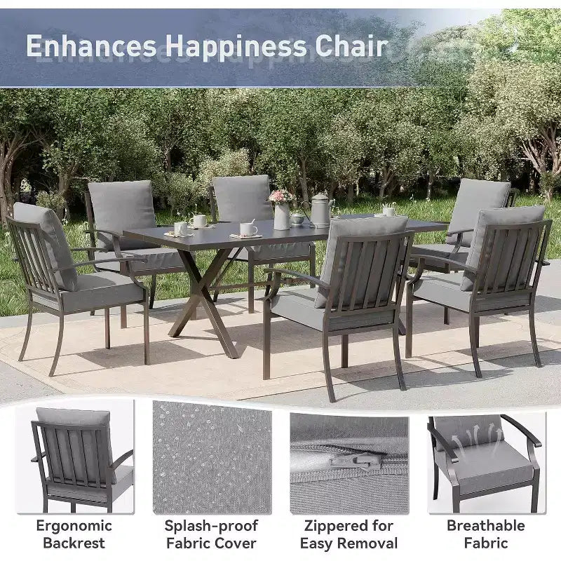 ALAULM Set da Pranzo da Esterno a 7 Pezzi, Set di Mobili da Giardino in Metallo con 6 Sedie Fisse e Tavolo Grande