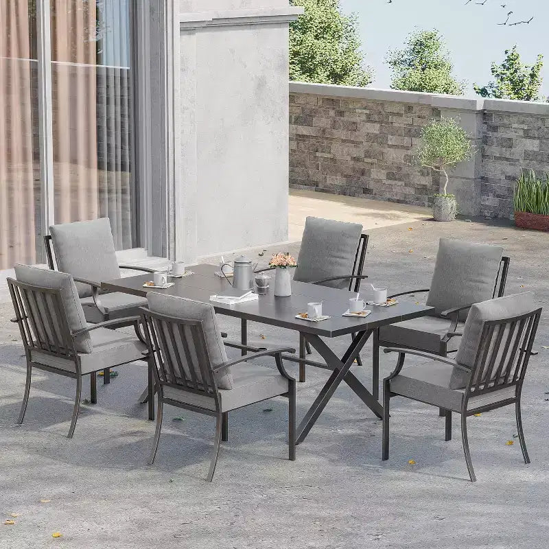 ALAULM Set da Pranzo da Esterno a 7 Pezzi, Set di Mobili da Giardino in Metallo con 6 Sedie Fisse e Tavolo Grande