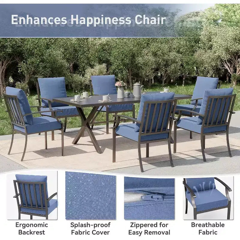 ALAULM Set da Pranzo da Esterno a 7 Pezzi, Set di Mobili da Giardino in Metallo con 6 Sedie Fisse e Tavolo Grande
