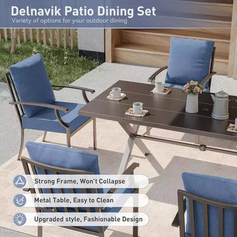 ALAULM Set da Pranzo da Esterno a 7 Pezzi, Set di Mobili da Giardino in Metallo con 6 Sedie Fisse e Tavolo Grande