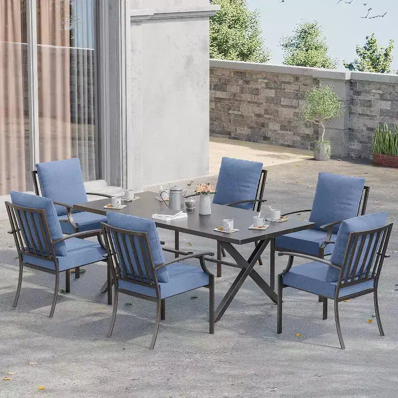 ALAULM Set da Pranzo da Esterno a 7 Pezzi, Set di Mobili da Giardino in Metallo con 6 Sedie Fisse e Tavolo Grande