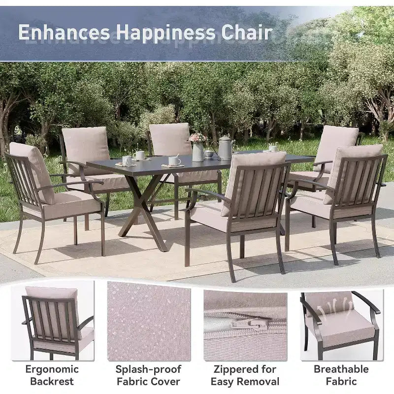 ALAULM Set da Pranzo da Esterno a 7 Pezzi, Set di Mobili da Giardino in Metallo con 6 Sedie Fisse e Tavolo Grande