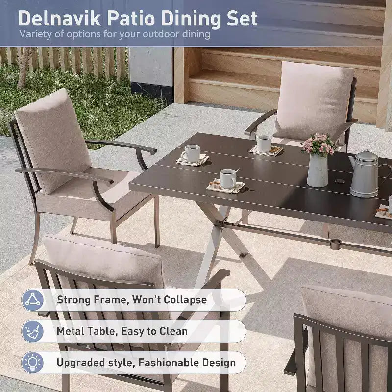 ALAULM Set da Pranzo da Esterno a 7 Pezzi, Set di Mobili da Giardino in Metallo con 6 Sedie Fisse e Tavolo Grande