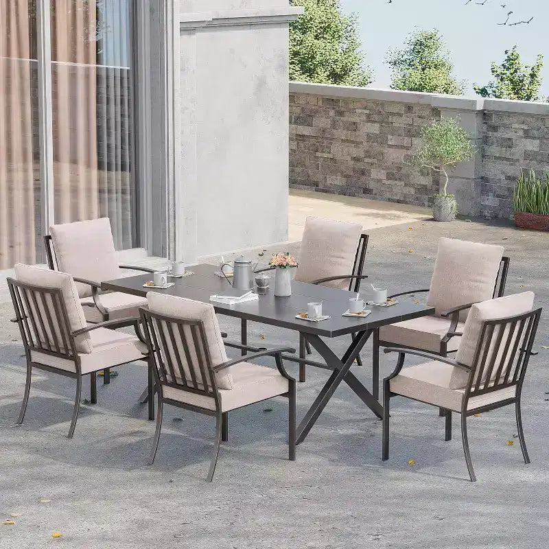 ALAULM Set da Pranzo da Esterno a 7 Pezzi, Set di Mobili da Giardino in Metallo con 6 Sedie Fisse e Tavolo Grande