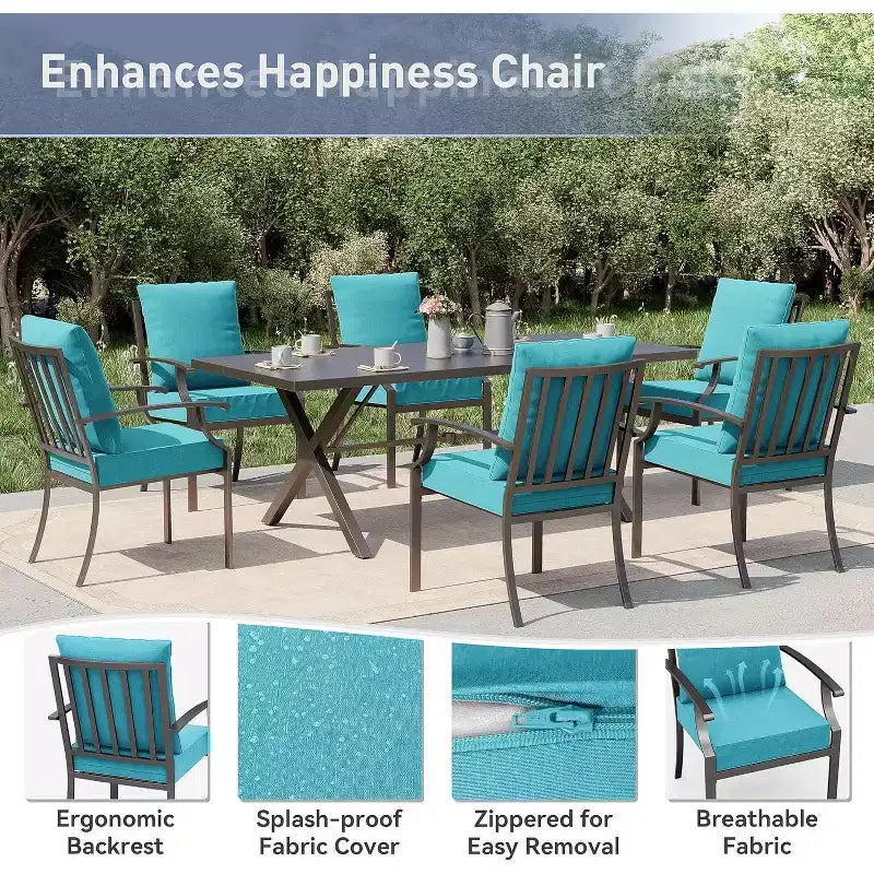 ALAULM Set da Pranzo da Esterno a 7 Pezzi, Set di Mobili da Giardino in Metallo con 6 Sedie Fisse e Tavolo Grande