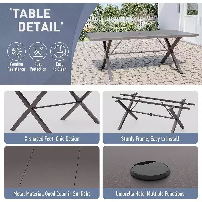 ALAULM Set da Pranzo da Esterno a 7 Pezzi, Set di Mobili da Giardino in Metallo con 6 Sedie Fisse e Tavolo Grande