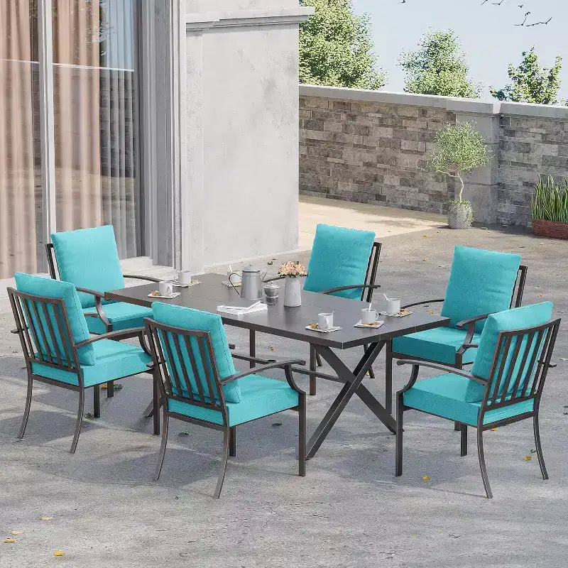 ALAULM Set da Pranzo da Esterno a 7 Pezzi, Set di Mobili da Giardino in Metallo con 6 Sedie Fisse e Tavolo Grande