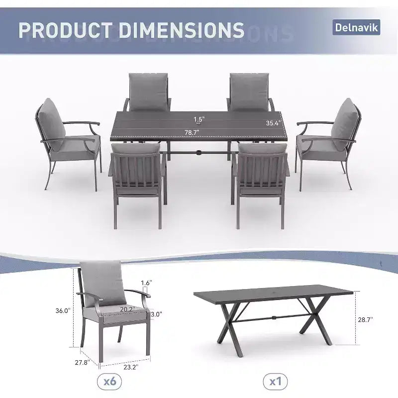 ALAULM Set da Pranzo da Esterno a 7 Pezzi, Set di Mobili da Giardino in Metallo con 6 Sedie Fisse e Tavolo Grande