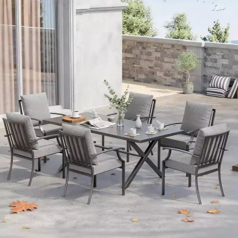 Set da pranzo da patio ALAULM da 7 pezzi, arredo da esterno, set di mobili da patio in metallo con 6 sedie fisse e tavolo grande