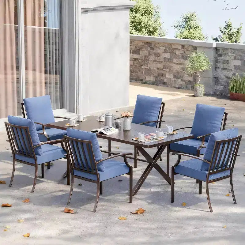 Set da pranzo da patio ALAULM da 7 pezzi, arredo da esterno, set di mobili da patio in metallo con 6 sedie fisse e tavolo grande