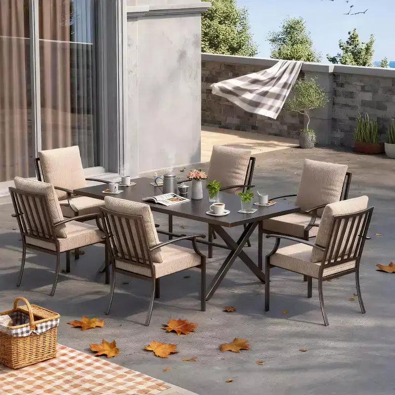 Set da pranzo da patio ALAULM da 7 pezzi, arredo da esterno, set di mobili da patio in metallo con 6 sedie fisse e tavolo grande