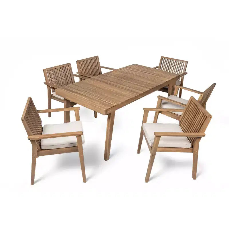 Christopher Knight Home Caitlyn Set da Pranzo Rustico da Esterno 7 Pezzi in Legno di Acacia con Cuscini