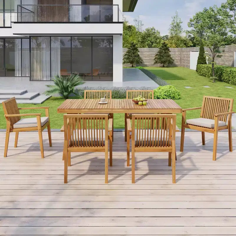 Set da pranzo rustico da patio Caitlyn di Christopher Knight Home da 7 pezzi in legno di acacia con cuscini
