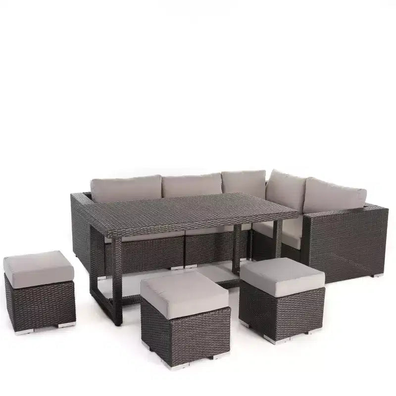 GDFStudio Avianna Salotto da pranzo in vimini per esterni a 7 posti con pouf e cuscini