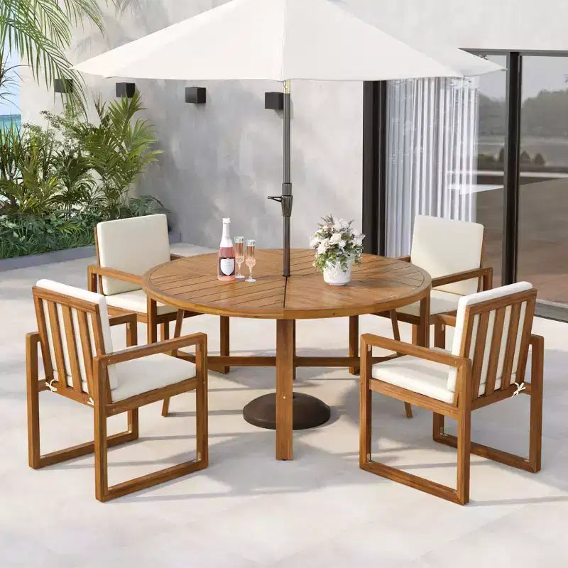 ModernLuxe Set da Pranzo per Esterni da 5 Pezzi, Mobili da Giardino con 4 Poltrone e 1 Tavolo per Giardino, Balcone, Cortile, Telaio in Legno di Acacia, Beige+Naturale