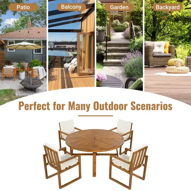 ModernLuxe Set da Pranzo per Esterni da 5 Pezzi, Mobili da Giardino con 4 Poltrone e 1 Tavolo per Giardino, Balcone, Cortile, Telaio in Legno di Acacia, Beige+Naturale