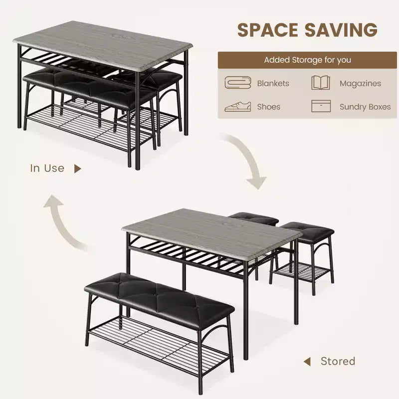 Set da 4 Pezzi con Tavolo Rettangolare da Cucina, 1 Panca Imbottita e 2 Sgabelli Quadrati