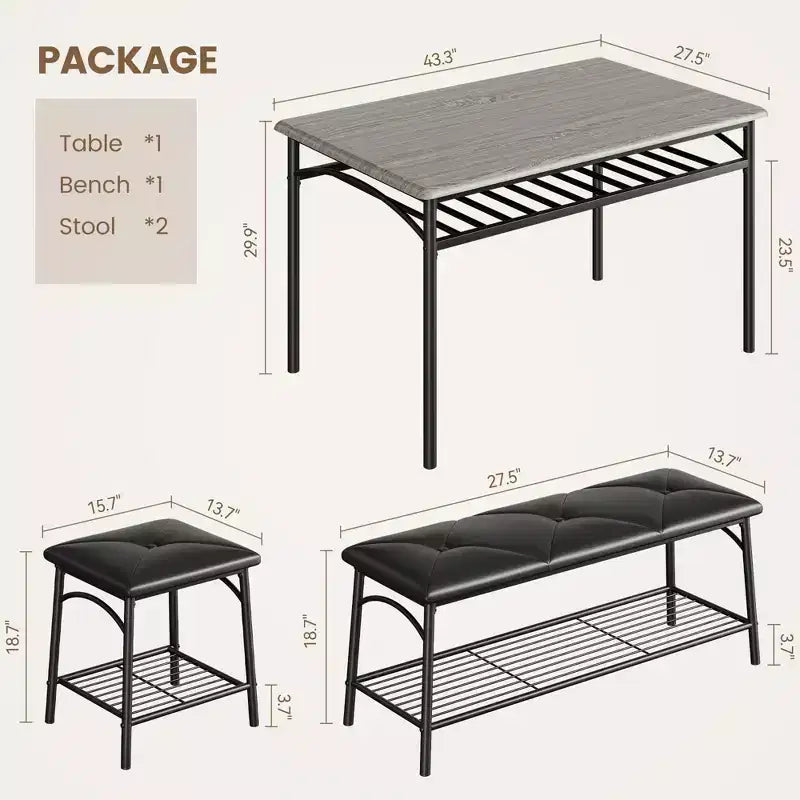 Set da 4 Pezzi con Tavolo Rettangolare da Cucina, 1 Panca Imbottita e 2 Sgabelli Quadrati