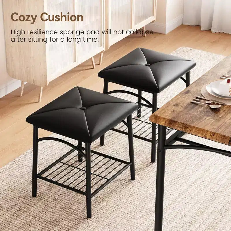 Set da 4 Pezzi con Tavolo Rettangolare da Cucina, 1 Panca Imbottita e 2 Sgabelli Quadrati